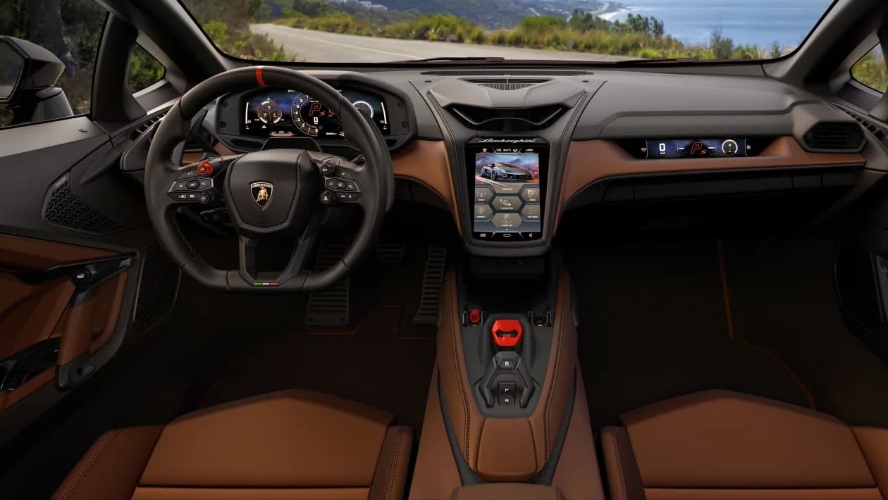 Interiorul Lamborghini Temerario, cu clapeta roșie a butonului de pornire pe consola centrală
