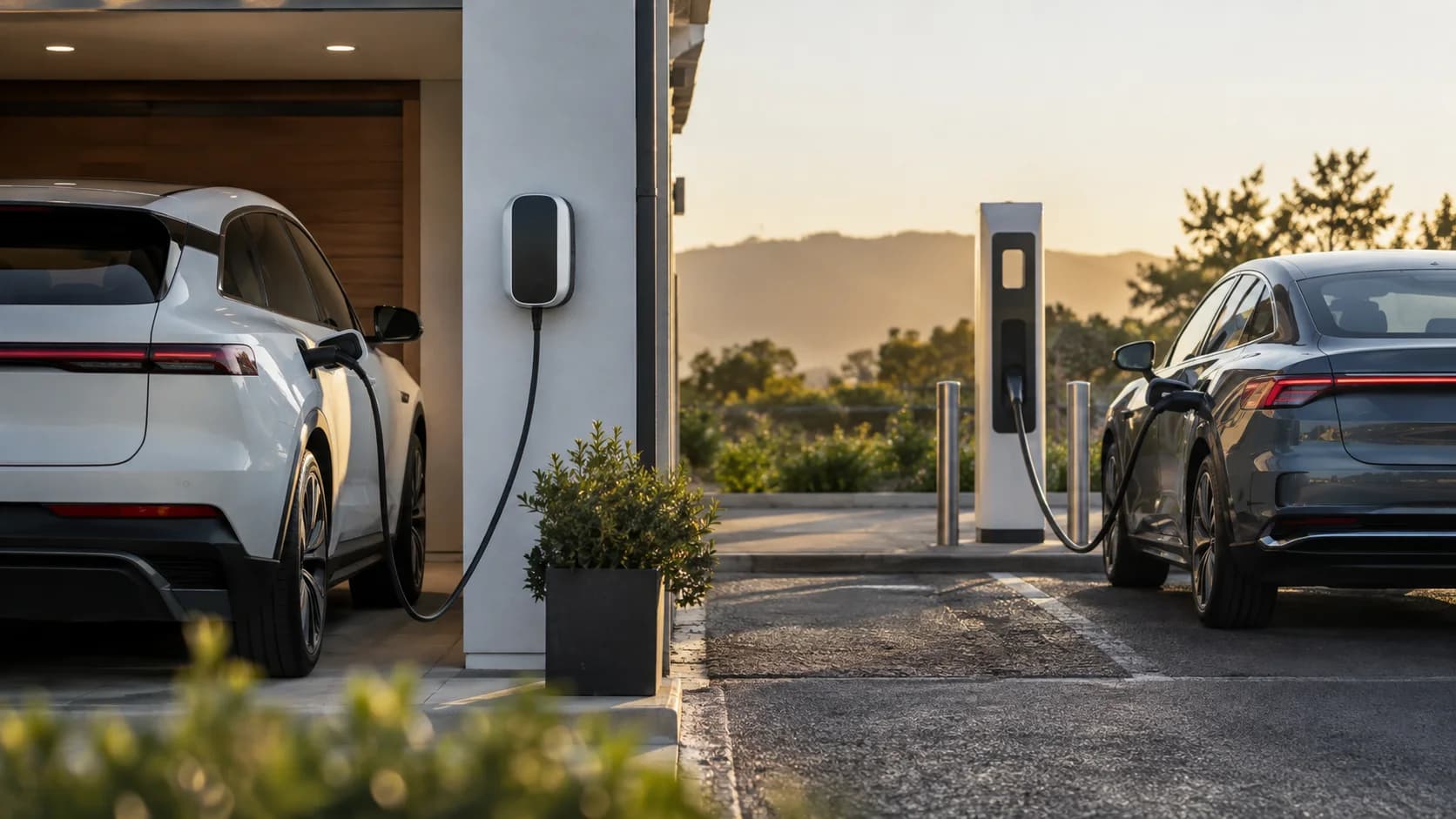 Ein Elektroauto wird an einer Ladestation geladen, wobei die Ladeanzeige den Fortschritt des Ladevorgangs anzeigt.