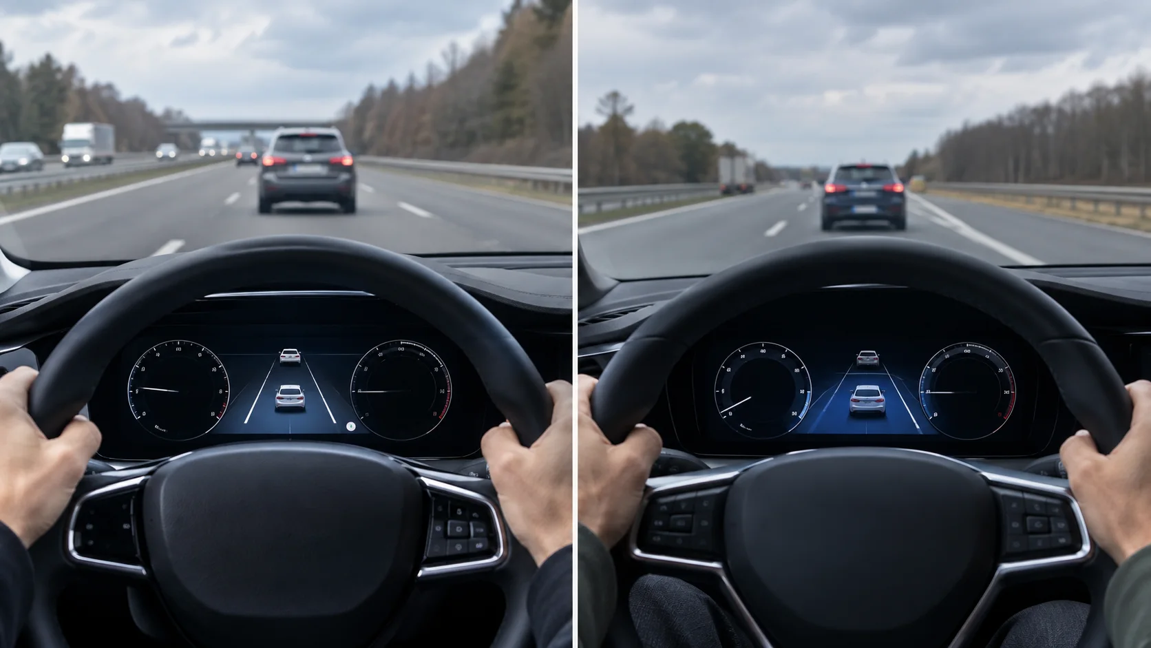 Dashboard view of a car's instrument cluster, showing cruise control indicators and a steering wheel with control buttons.