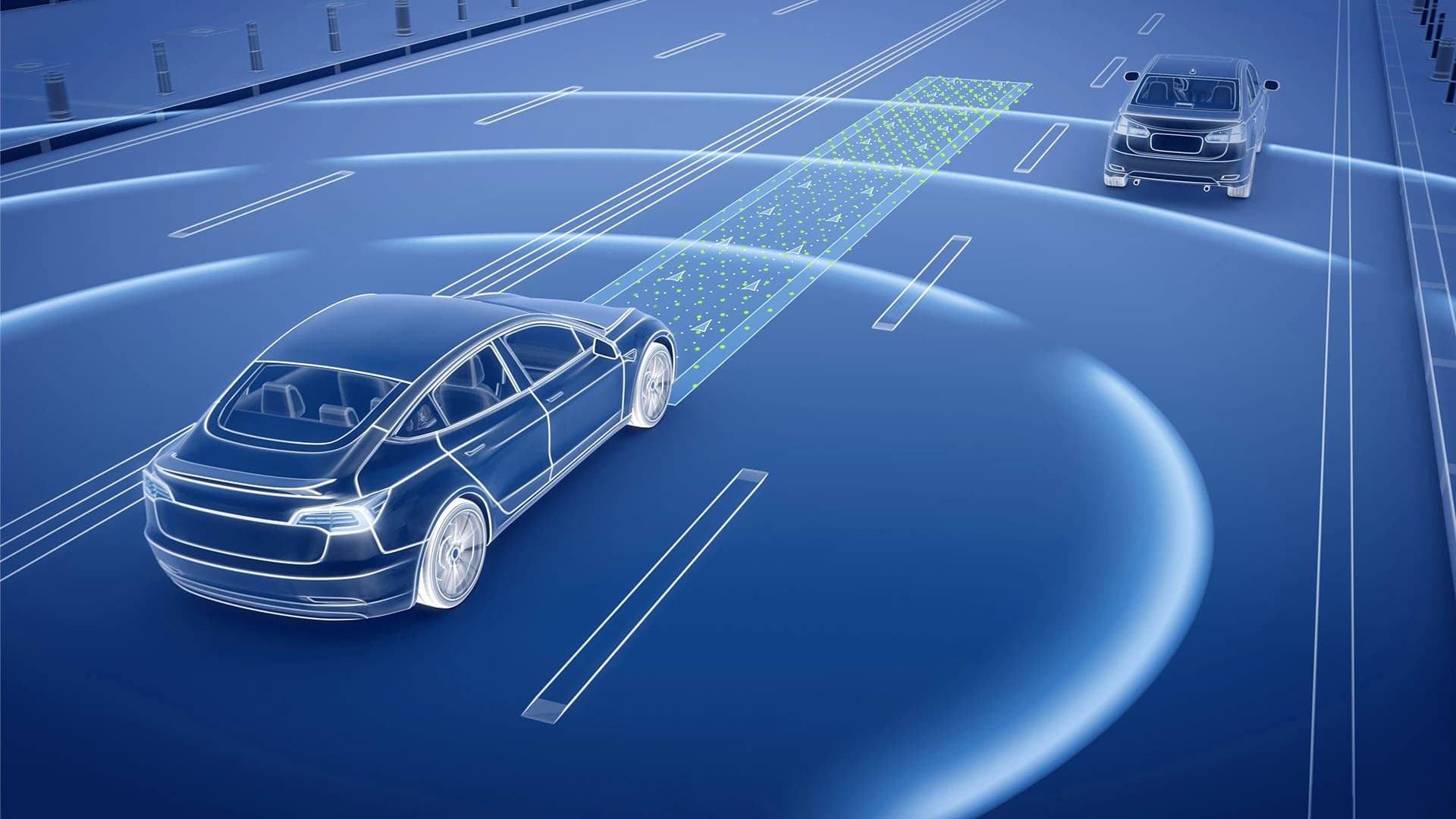 Ilustración de un coche que usa cámaras y radares para vigilar la carretera