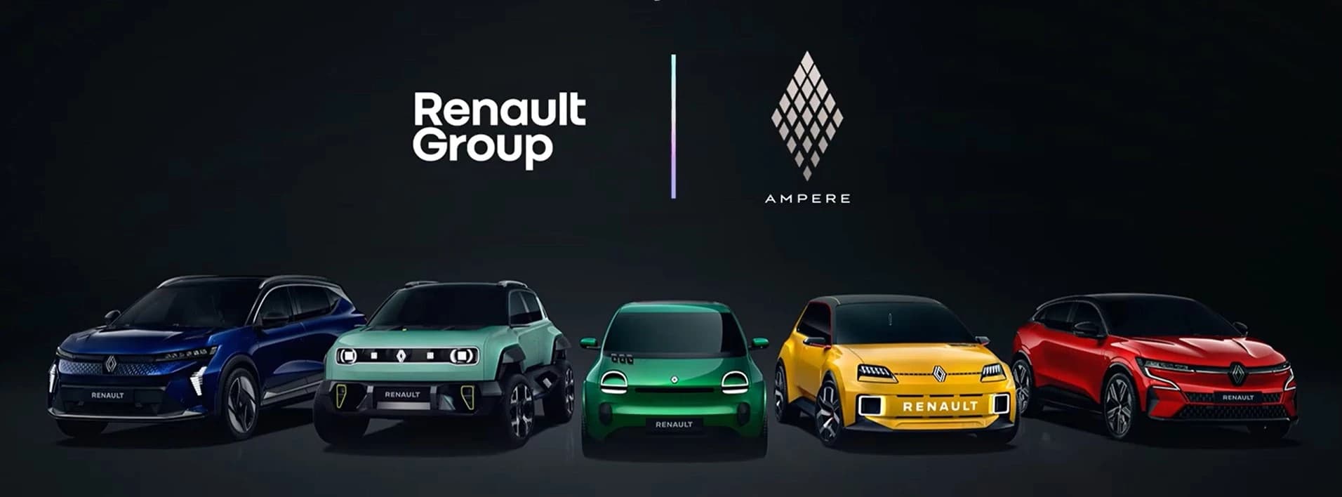 Gama de automóviles eléctricos Renault y los logotipos de Renault Group y Ampere
