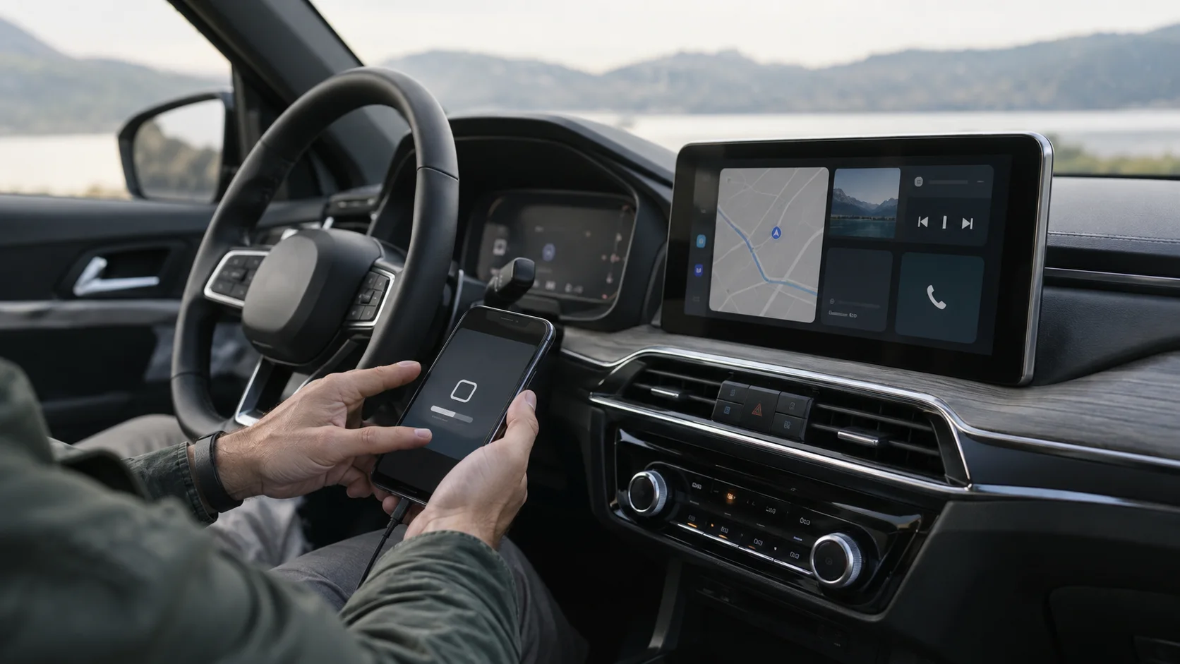 A split screen showing the user interfaces of Apple CarPlay on the left and Android Auto on the right, displayed on a car's infotainment screen.