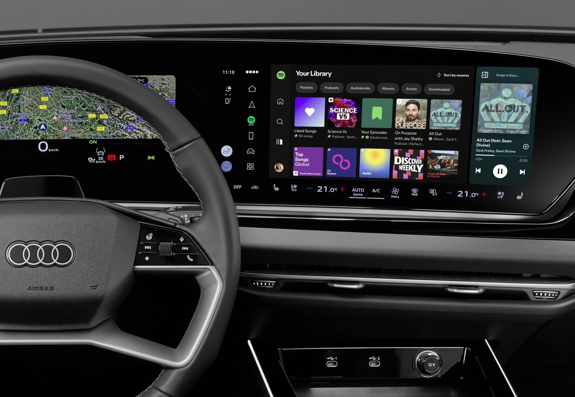 L'app Spotify nativa visualizzata sul sistema MMI di un'Audi