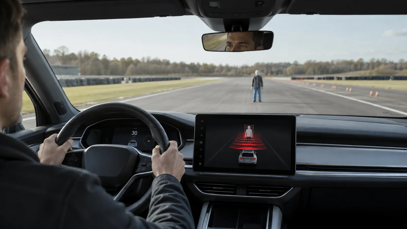 Front view of a modern car's grille, with a subtle radar sensor visible, indicating advanced safety technology.