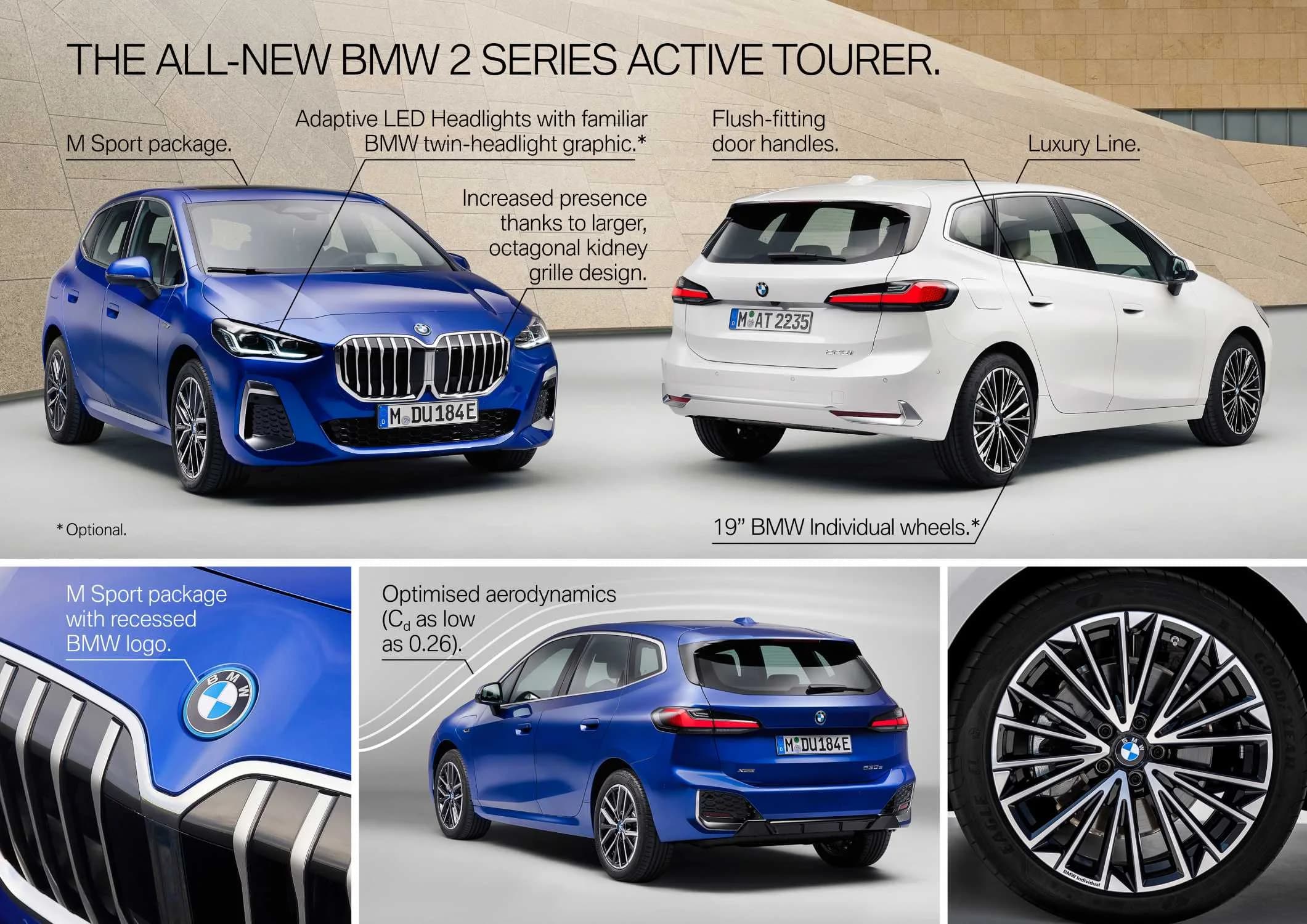 BMW 2 Series Active Tourer văzut din față, într-un unghi de trei sferturi