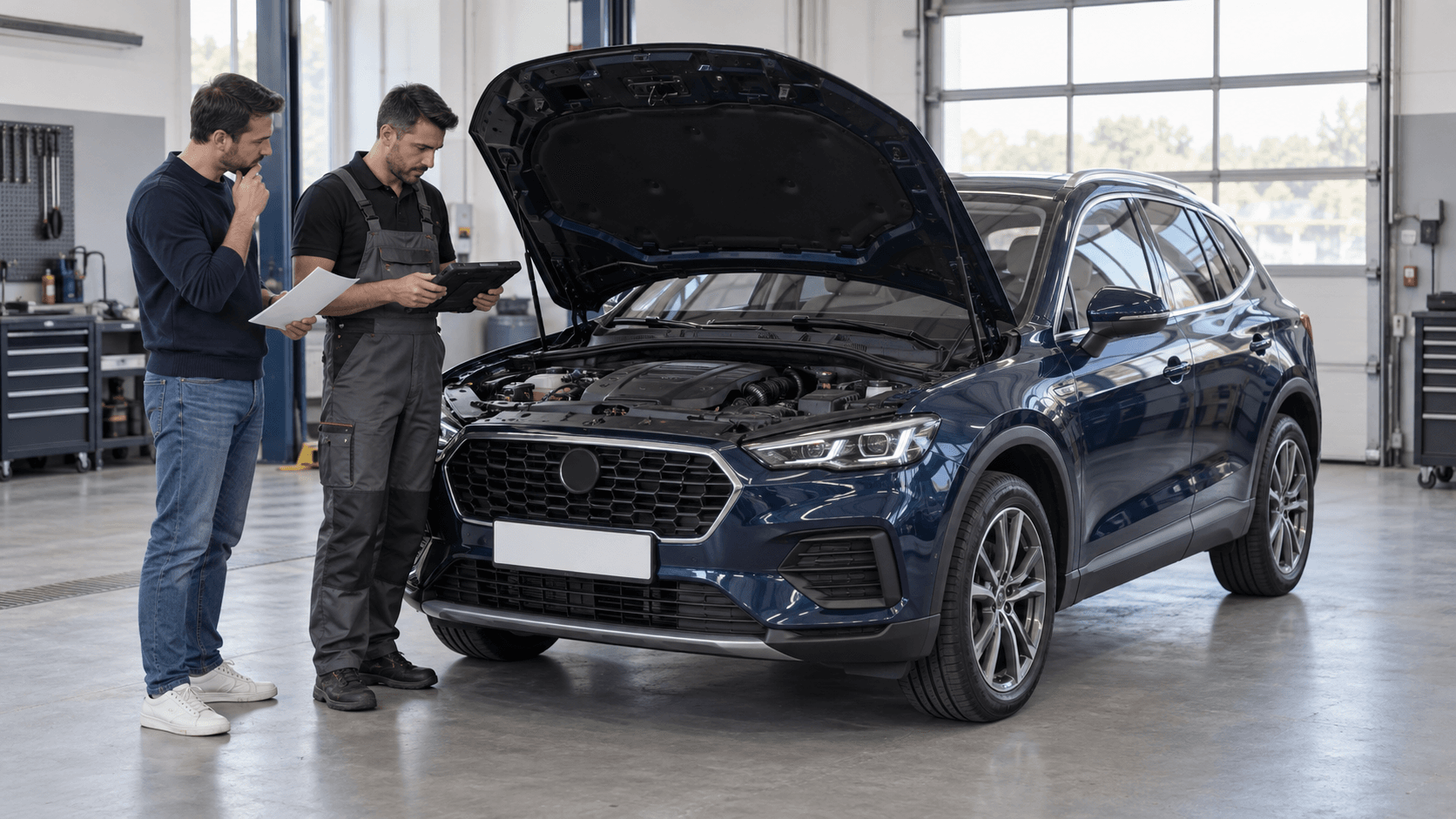 Used compact SUV inspected in a workshop before purchase