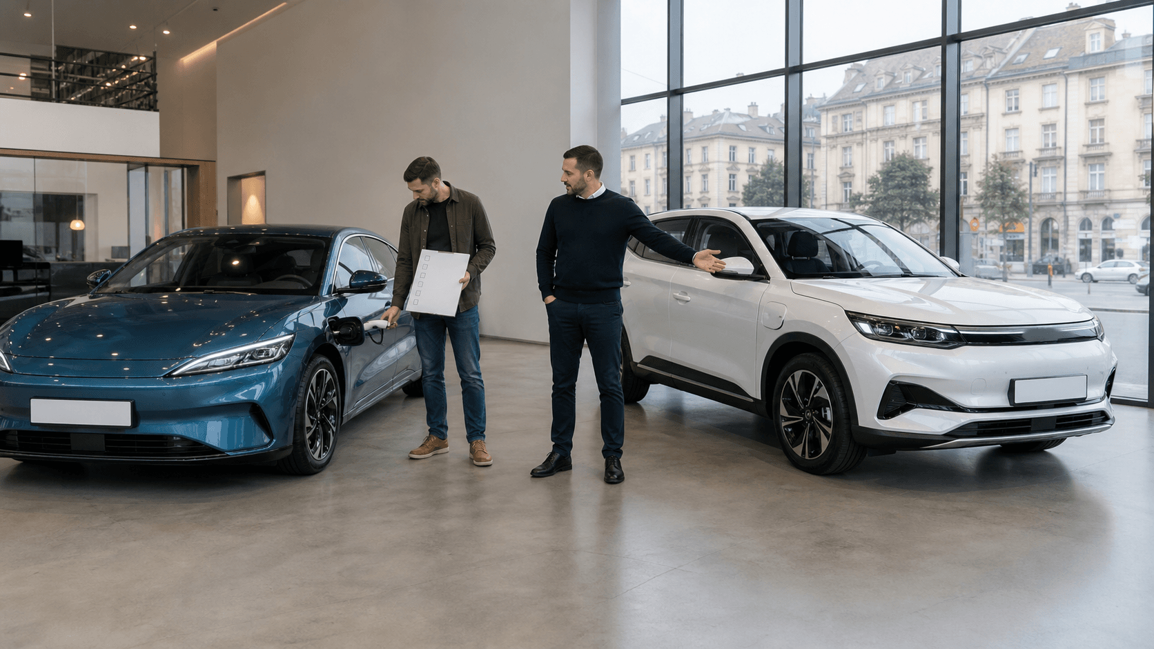 Comprador que compara un coche eléctrico y un modelo híbrido enchufable en un concesionario