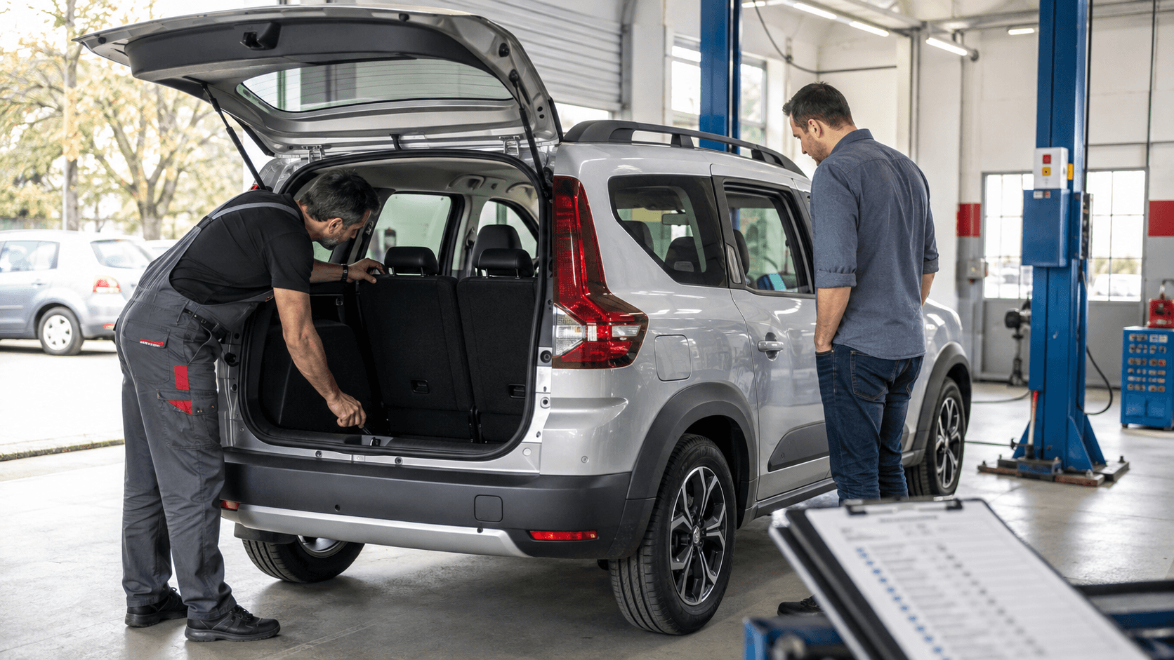 Used Dacia Jogger being inspected in a workshop before purchase