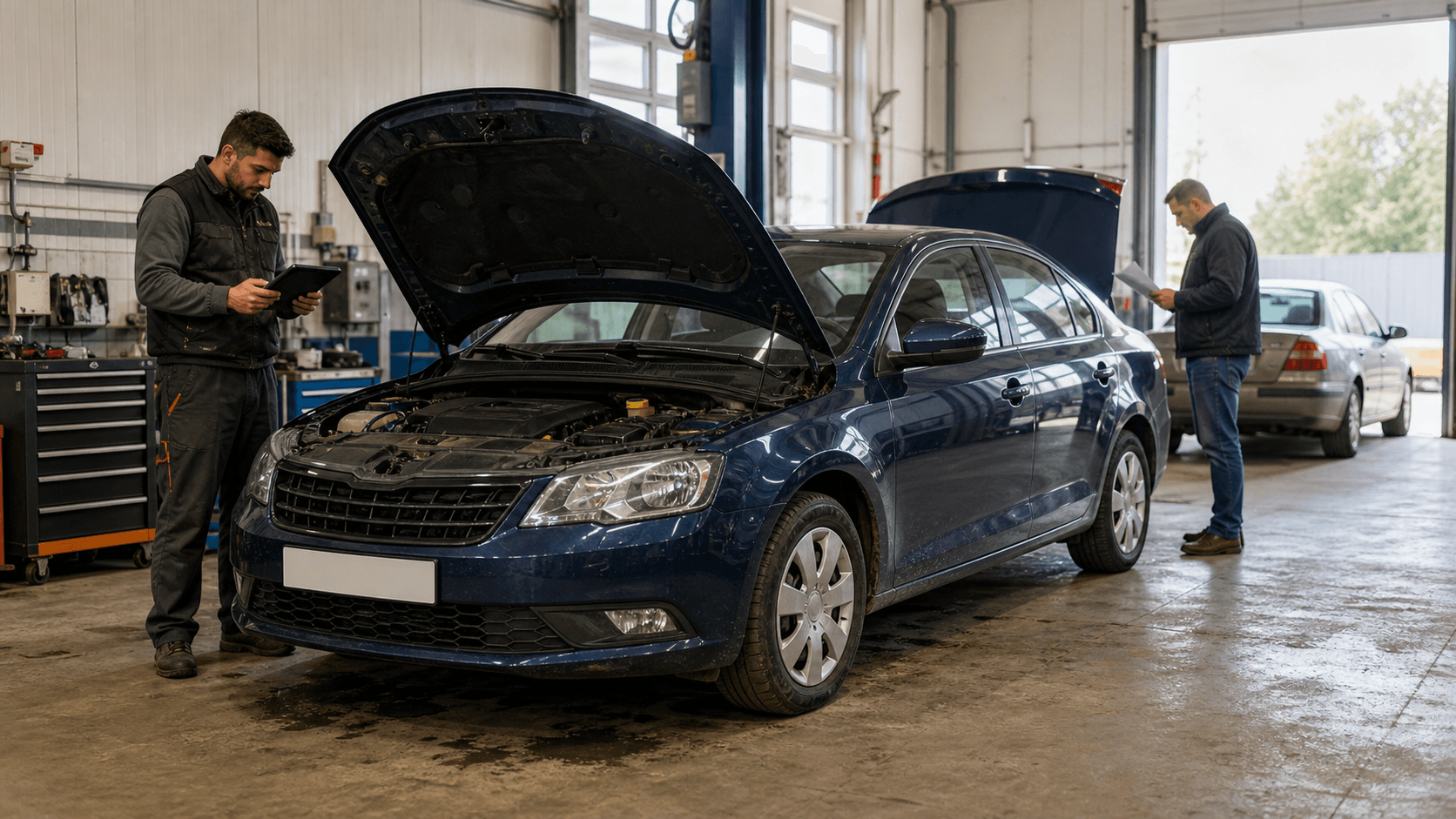 Used Dacia Logan inspected in a workshop before purchase