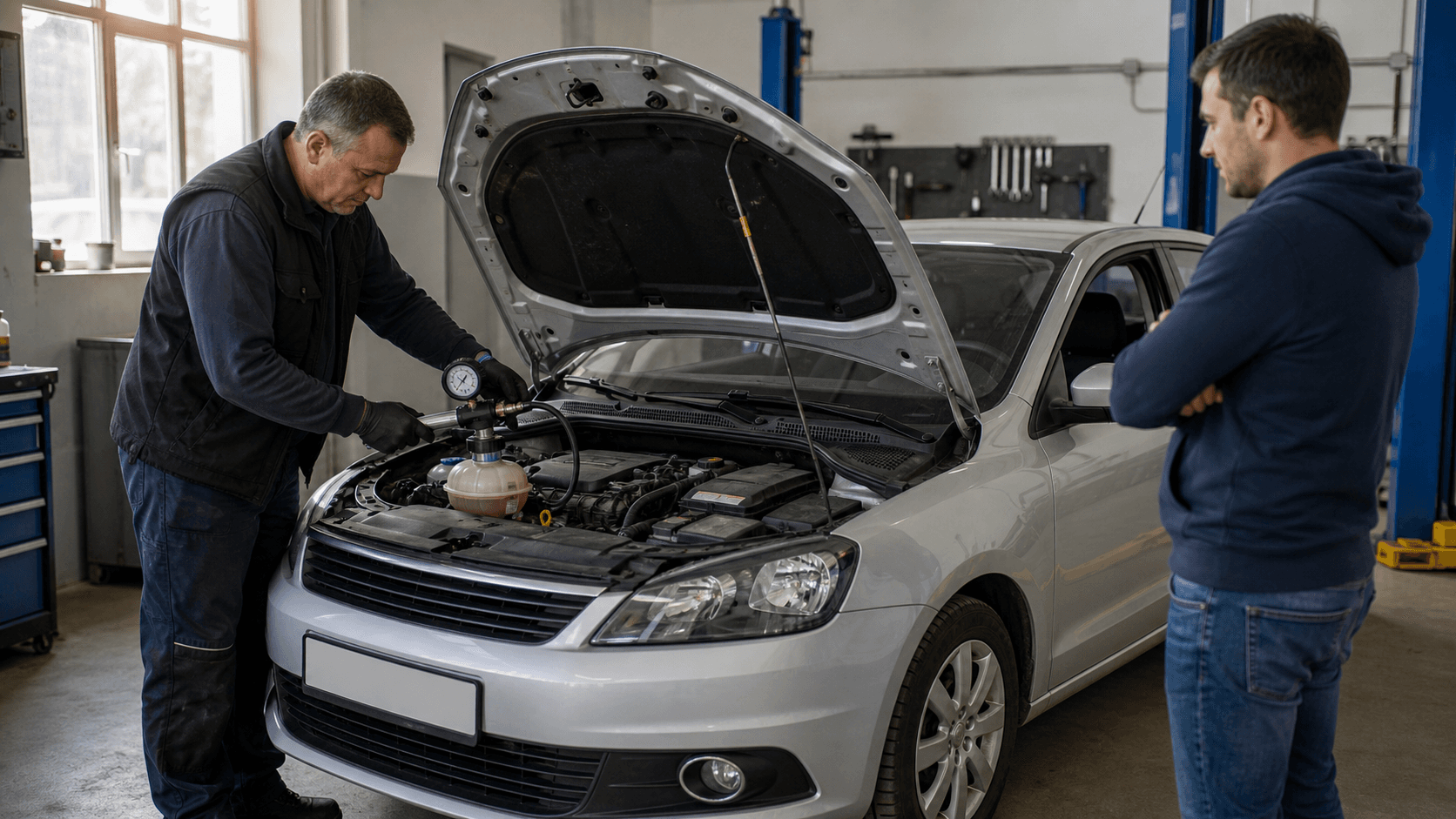 Mecánico comprobando el circuito de refrigeración de un coche con un comprobador de presión
