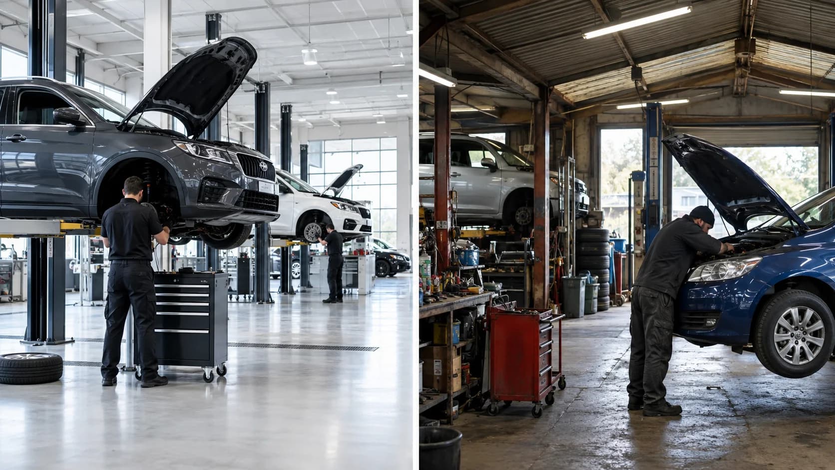 Mechanic inspecting a car engine in a garage, with tools visible on a workbench and a car lift in the background.
