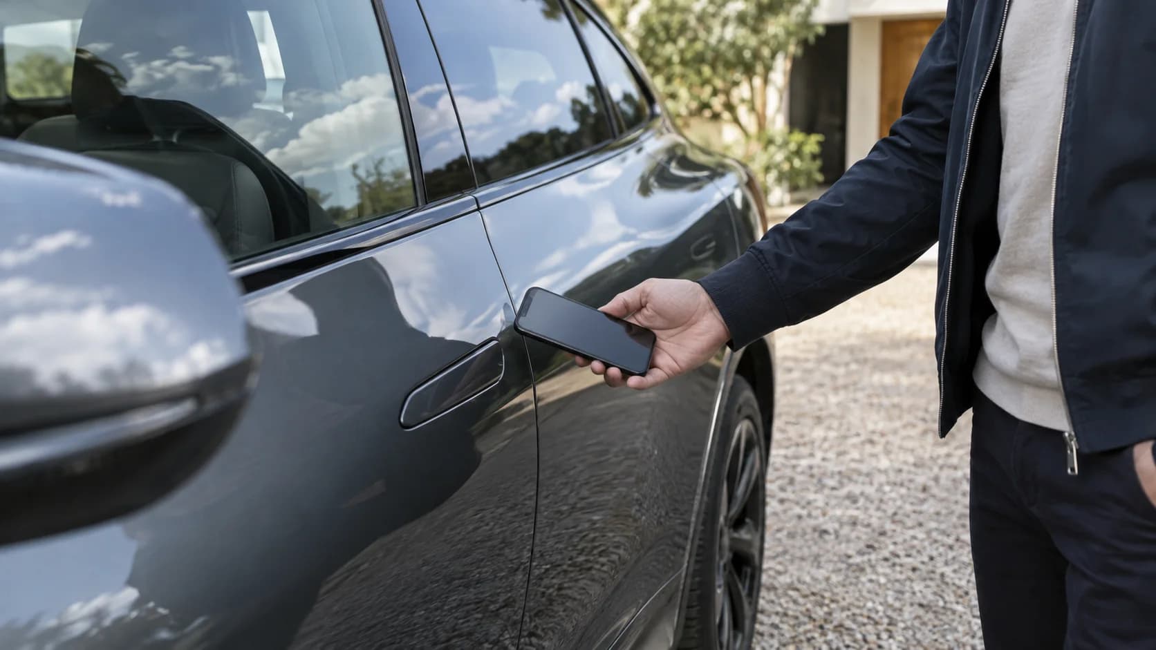 A person's hand holding a smartphone with a car key app displayed on the screen, next to a modern car door handle.