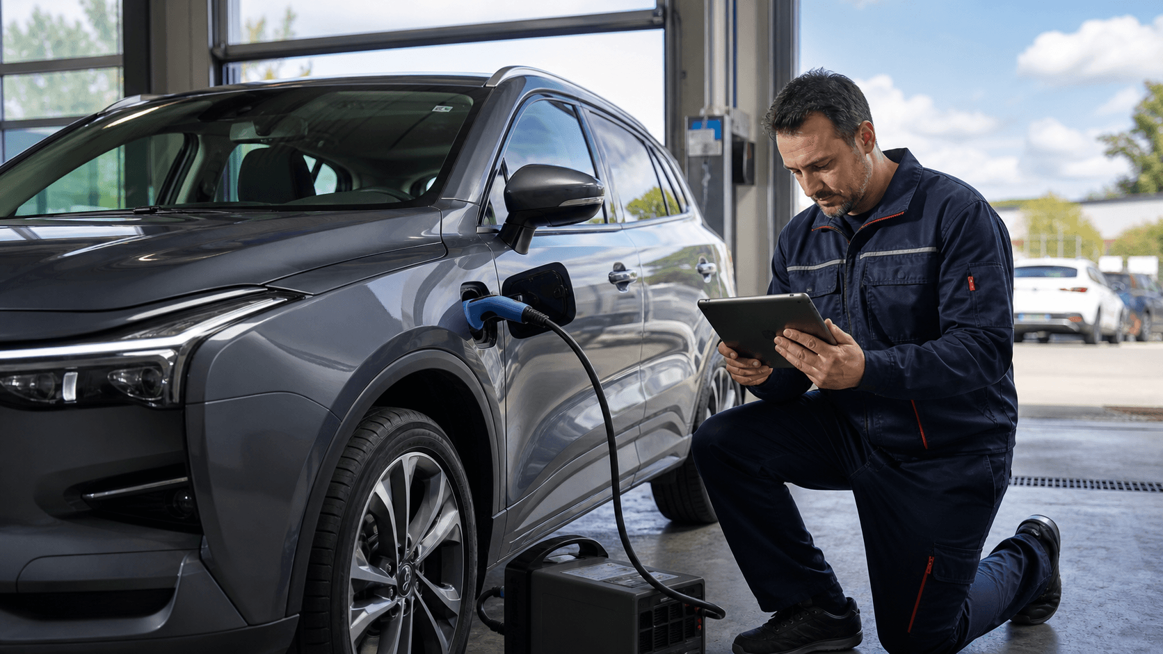 Comprobación de la batería de un coche eléctrico en un taller