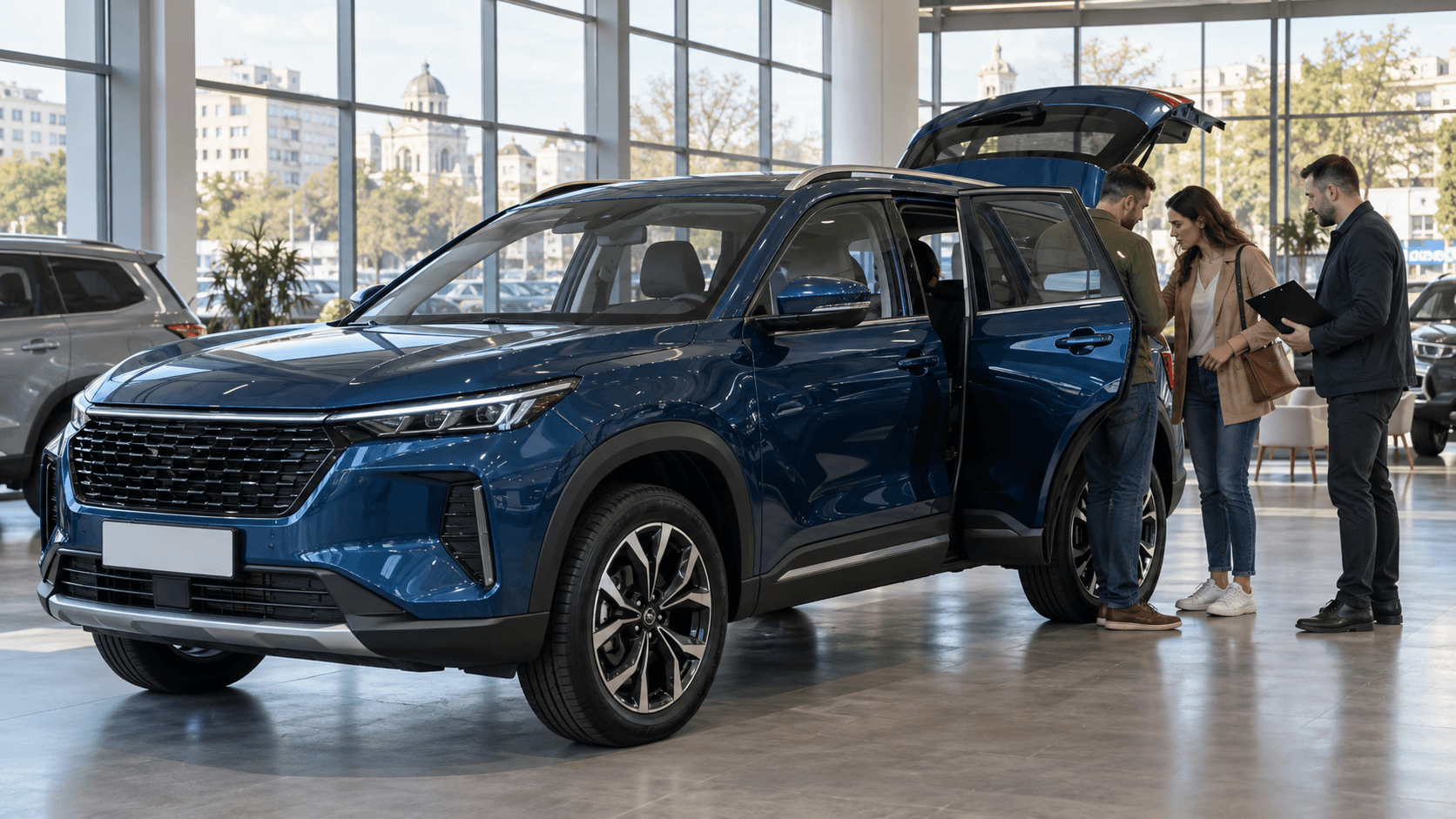 Compact petrol SUV inspected in a showroom before purchase
