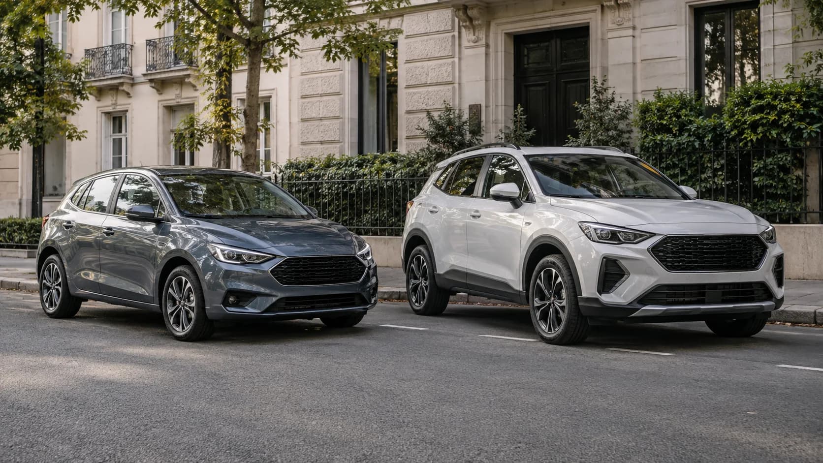 A silver hatchback and a blue small SUV are parked side-by-side in an urban setting, showcasing their contrasting designs.