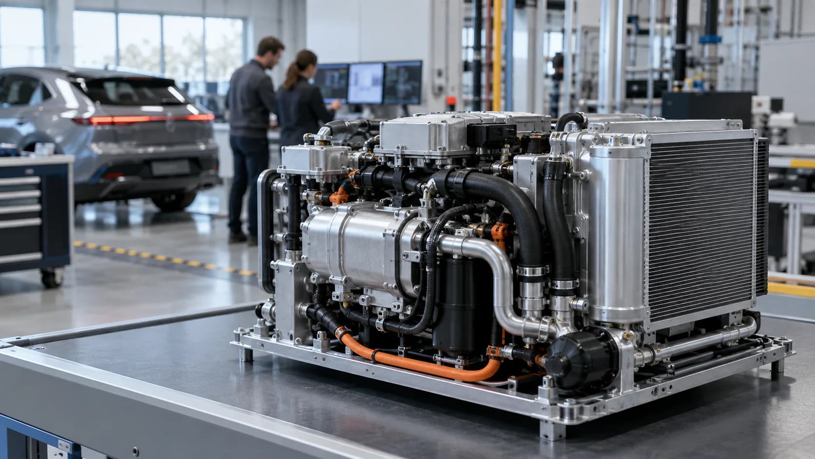 Diagramă simplificată a unei pompe de căldură într-un vehicul electric, arătând componentele principale și fluxul de energie.