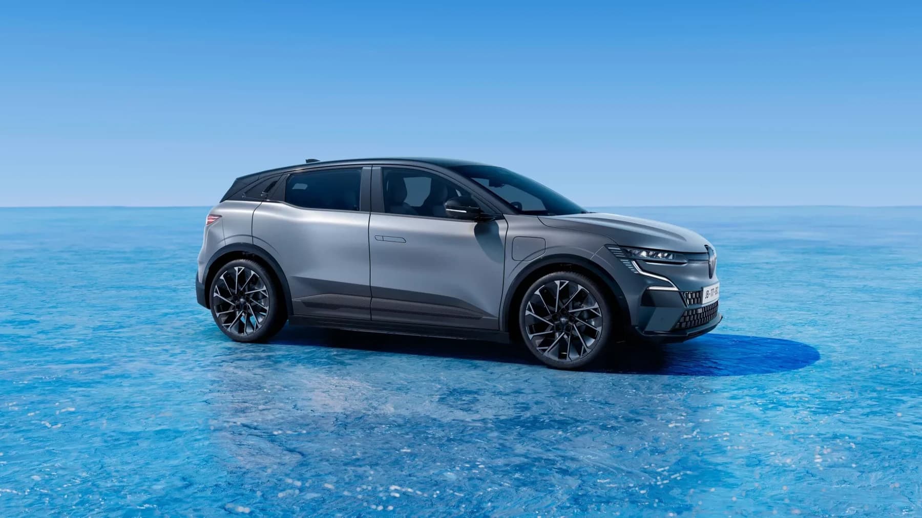 Grey Renault Megane E-Tech electric, official press image used for illustration.