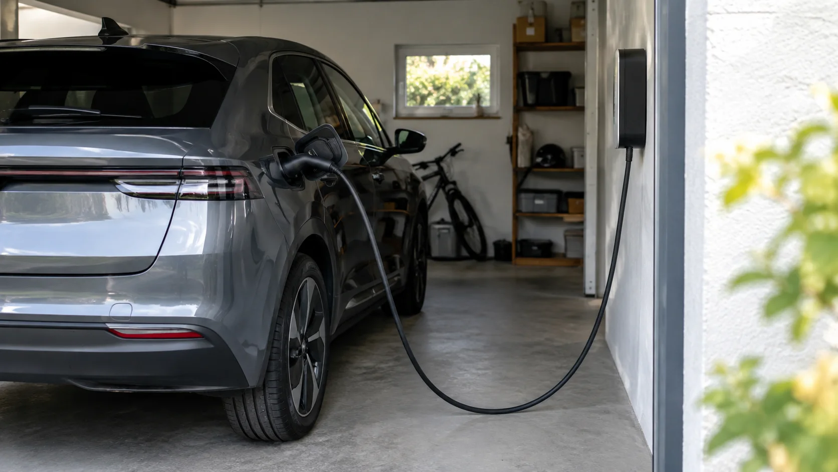 A domestic wall charger unit connected to an electric vehicle, with a charging cable plugged into the car's port.
