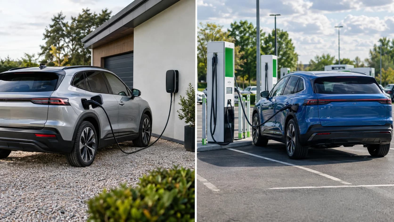 An electric car is plugged into a home wallbox charger, while another EV is connected to a public rapid charging station.