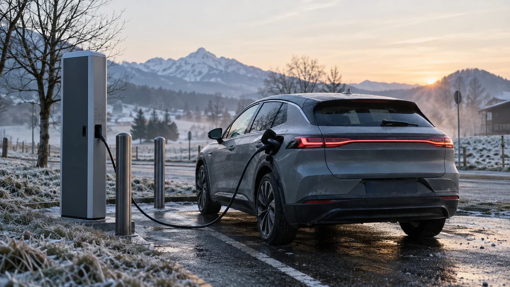 A charging electric car, with snow and ice visible on the vehicle and ground, illustrating the challenges of winter EV ownership.