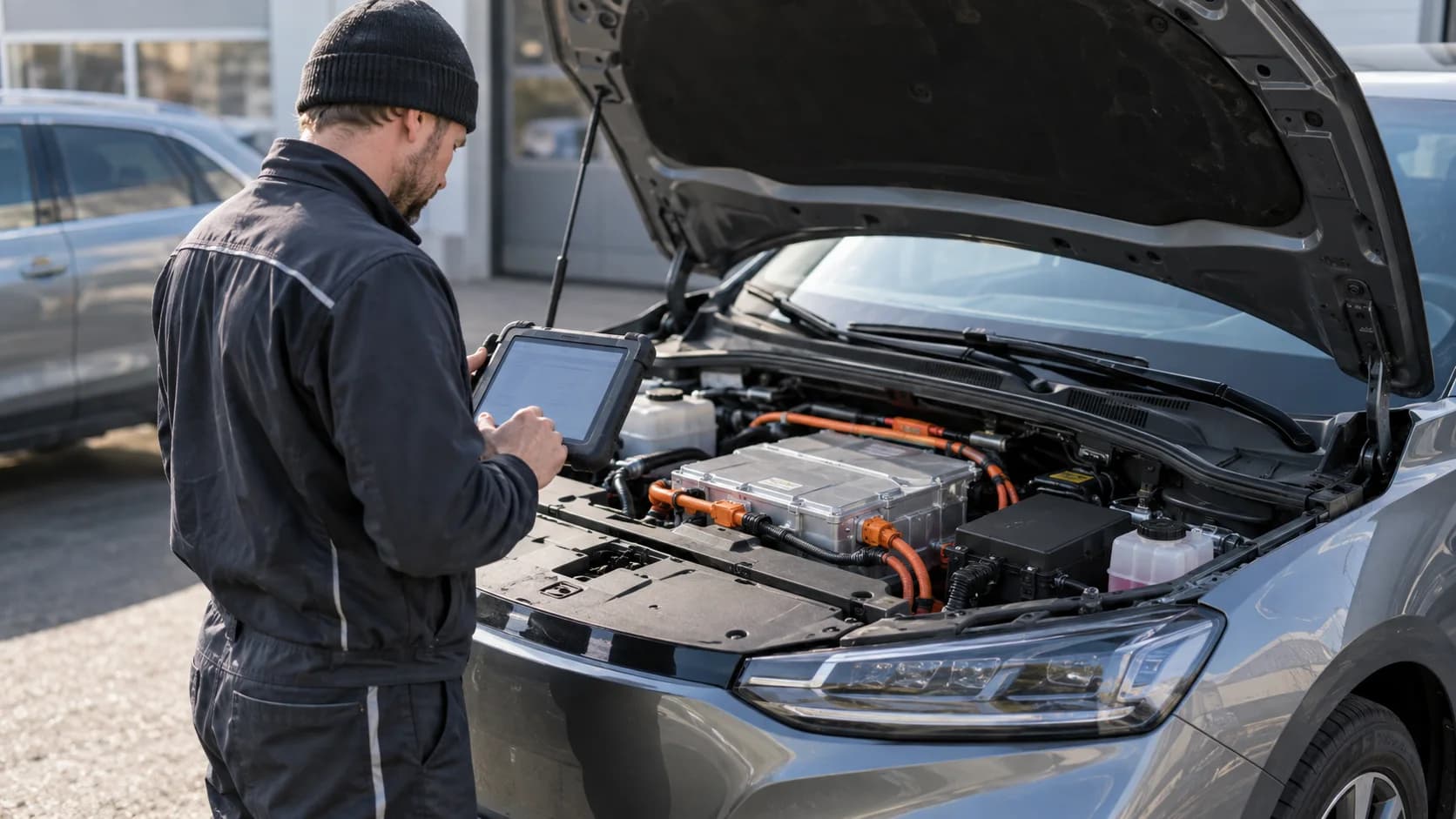 Nahaufnahme eines Technikers, der mit einem Diagnosegerät die Batterie eines Elektroautos in einer Werkstatt überprüft.