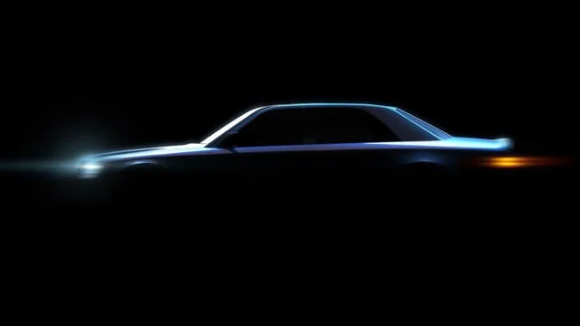 Dunkler HWA-Teaser mit der Silhouette und dem Bereich des Heckspoilers eines möglichen Mercedes-W124-Projekts