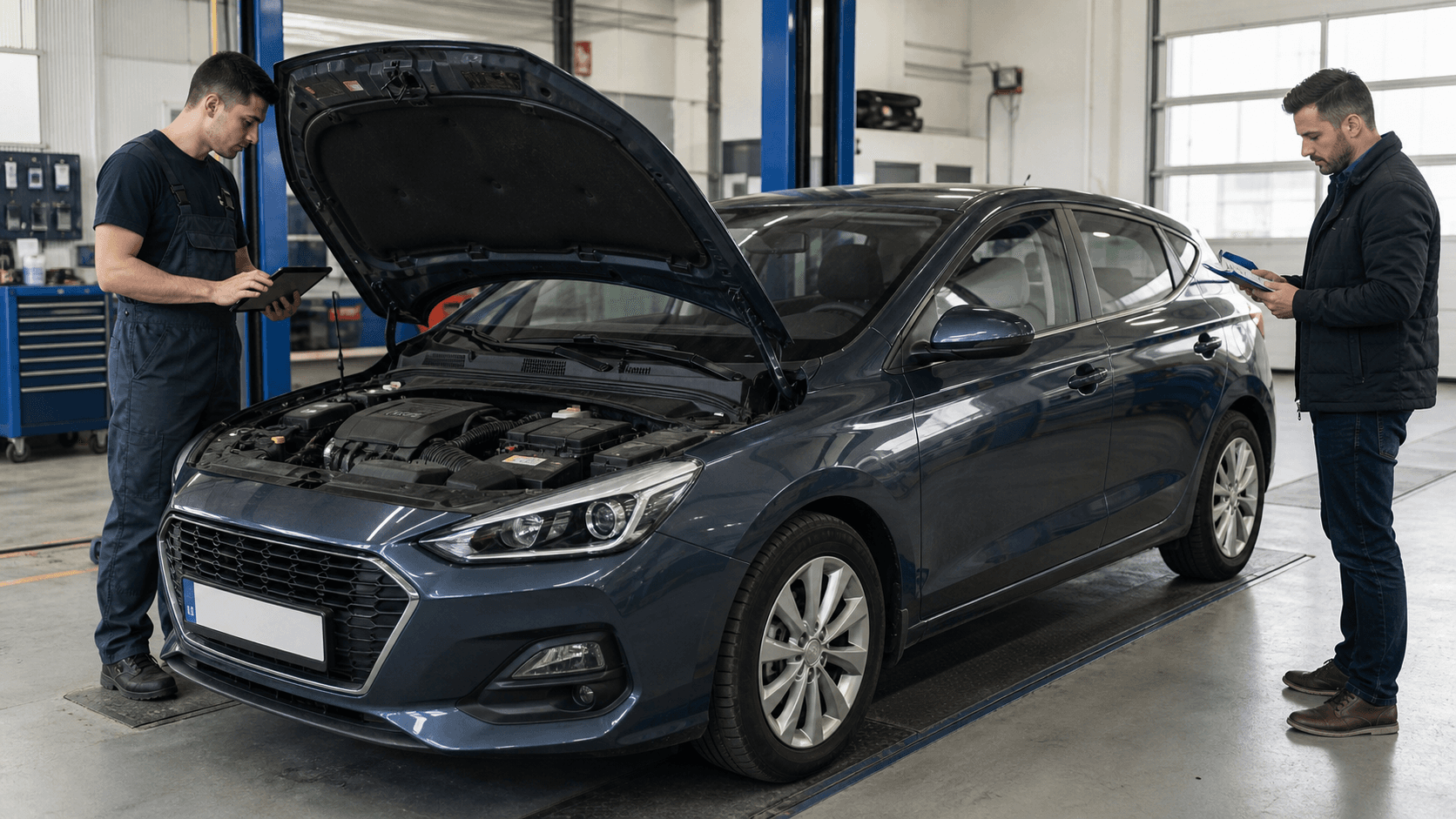 Hyundai i30 de ocasión inspeccionado en un taller antes de la compra