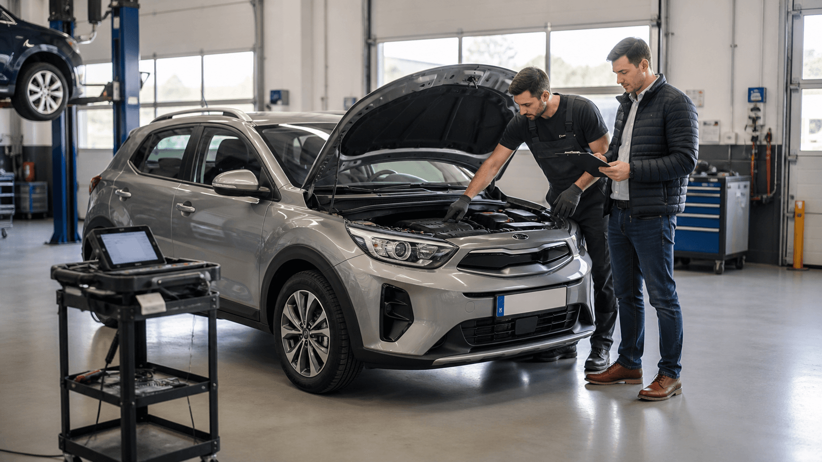 Used Kia Stonic inspected in a workshop before purchase