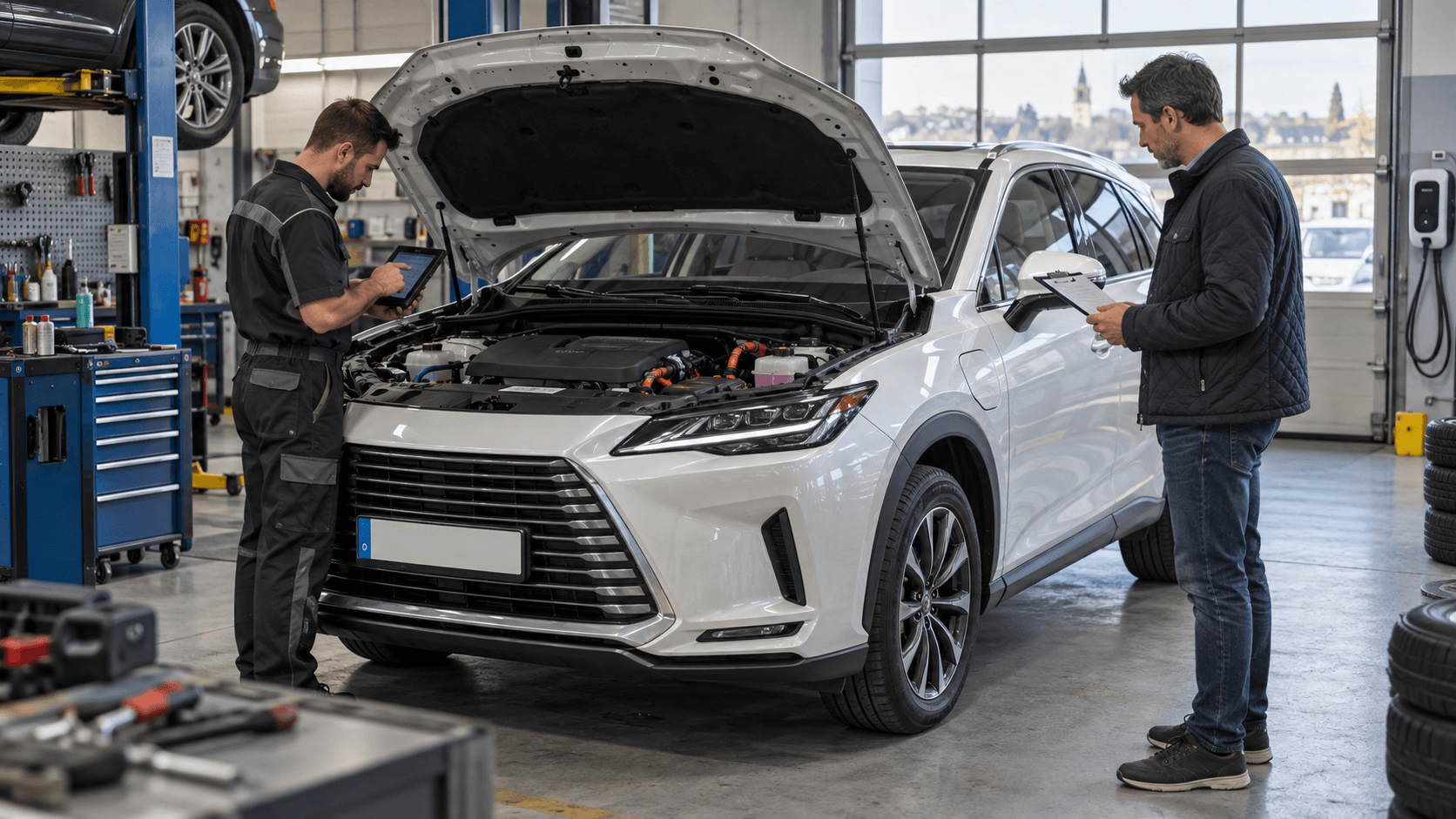 Used hybrid SUV being inspected in a workshop before purchase