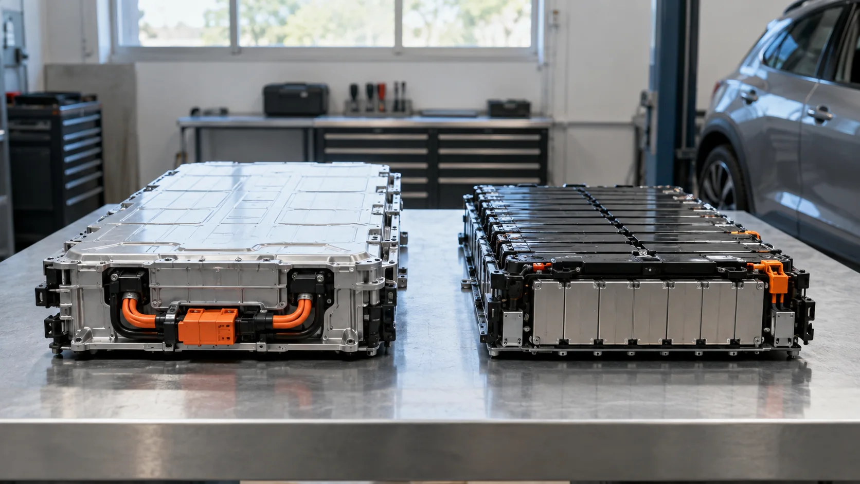 Close-up of an electric car battery pack with visible LFP and NMC cell types, illustrating the chemical distinction.