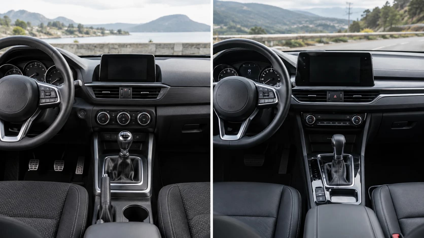 A driver's hands on a steering wheel, with a gear stick visible in the foreground.
