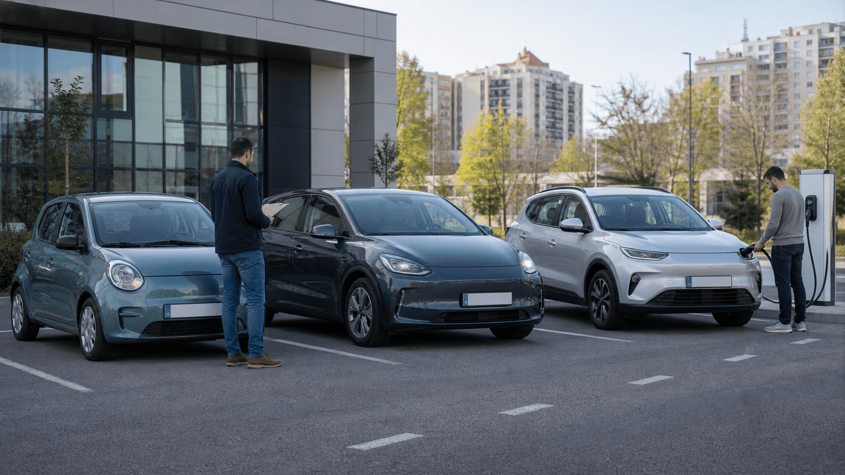 Tres coches eléctricos nuevos y asequibles comparados junto a una estación de carga