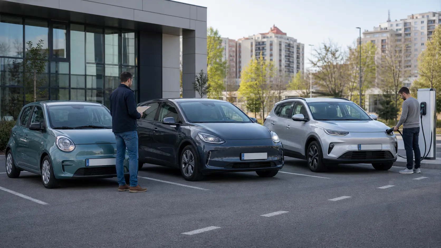 Drei kompakte Elektroautos an einer Ladestation