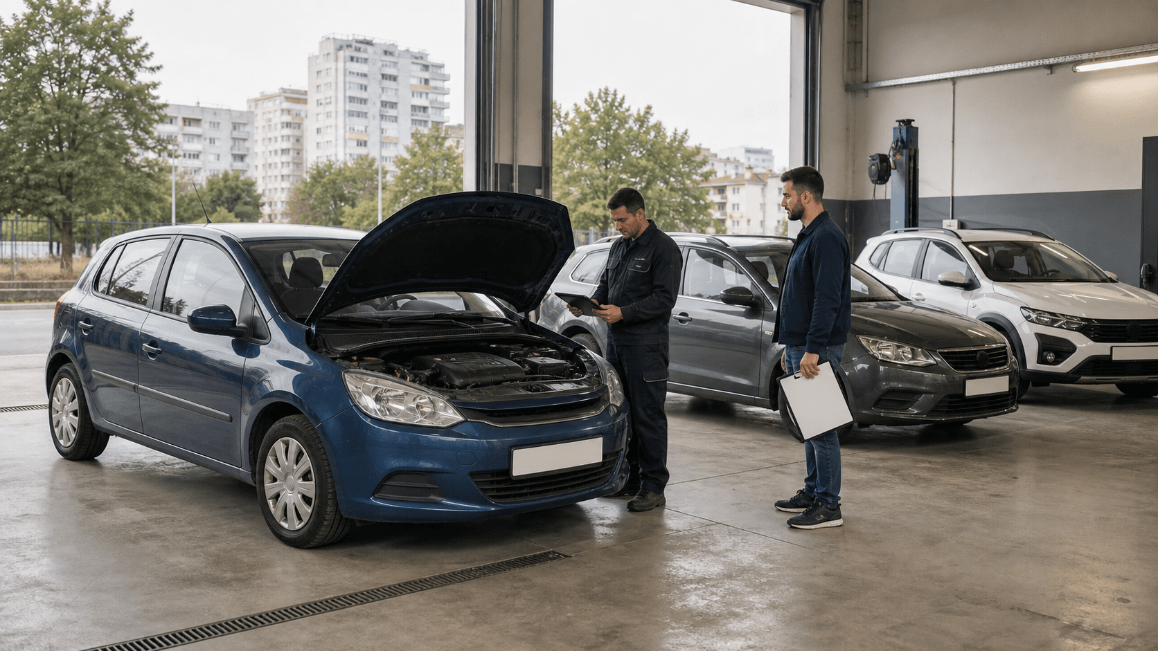Used French cars inspected in a workshop before purchase