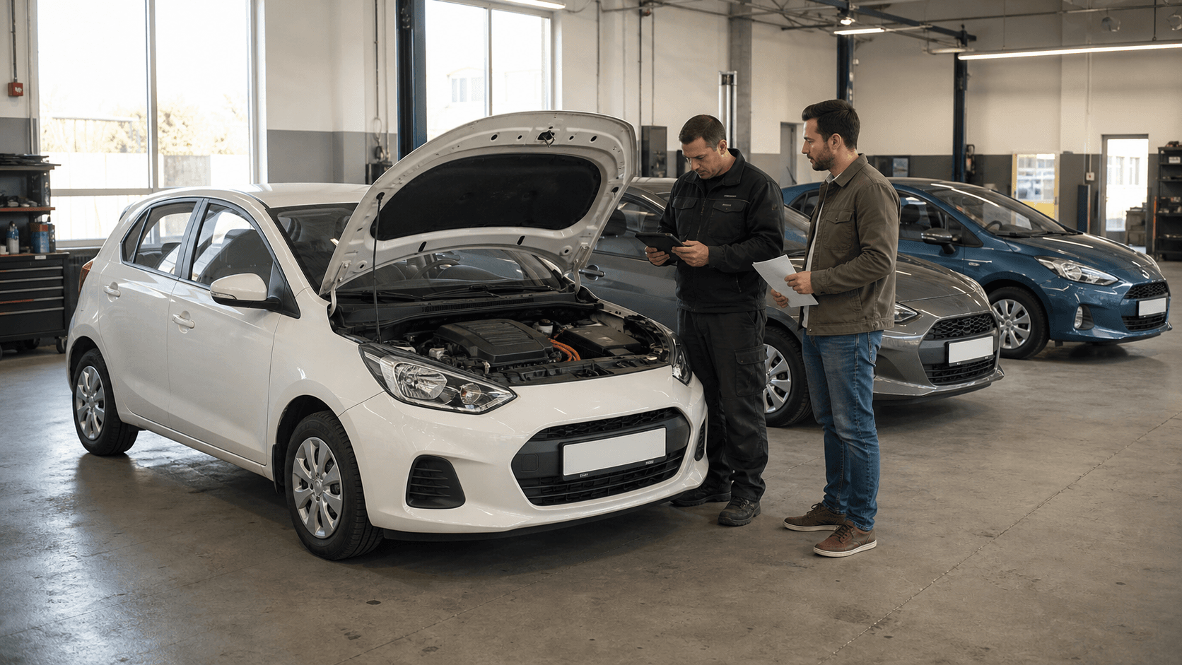 Three used full-hybrid cars being inspected in a workshop before purchase