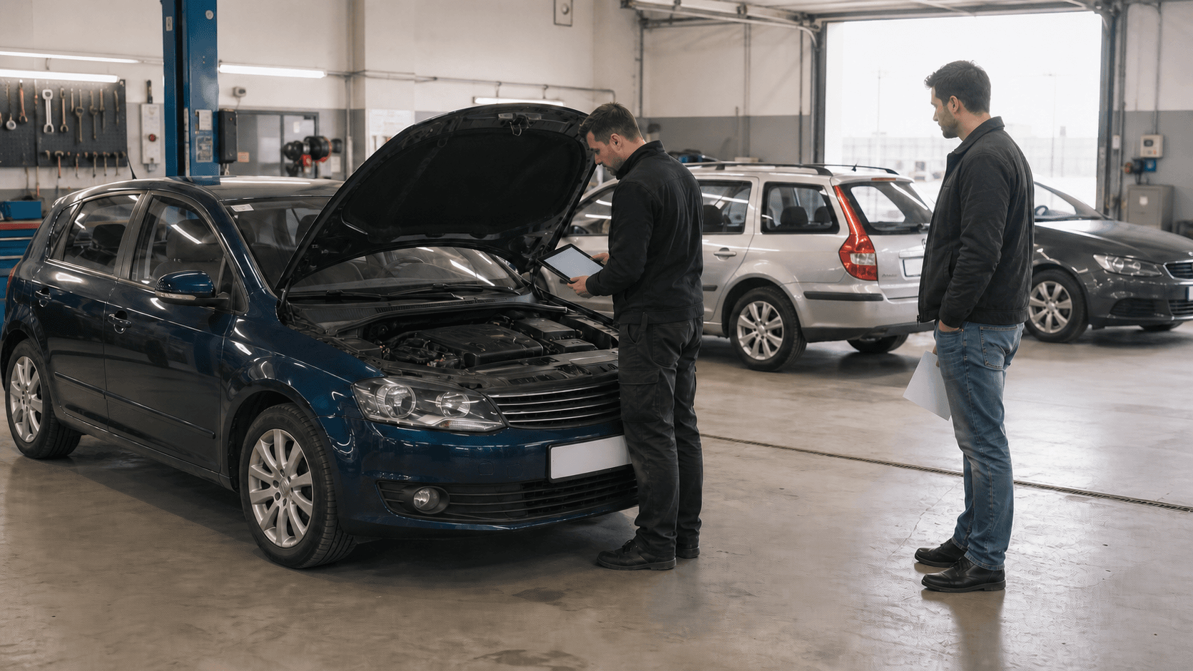 Used German car inspected in a workshop before purchase
