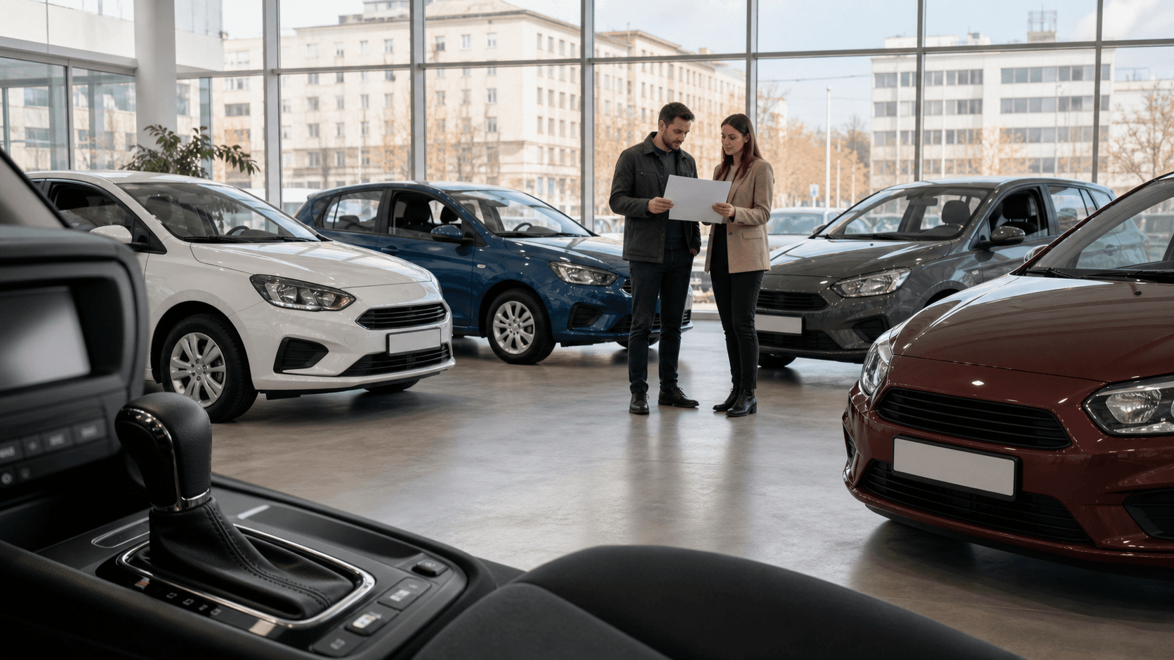 Coches nuevos automáticos comparados en un concesionario