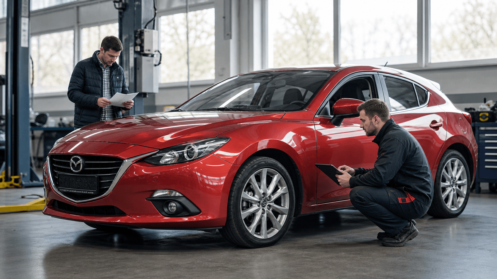 Mazda 3 second-hand verificată într-un service înainte de cumpărare