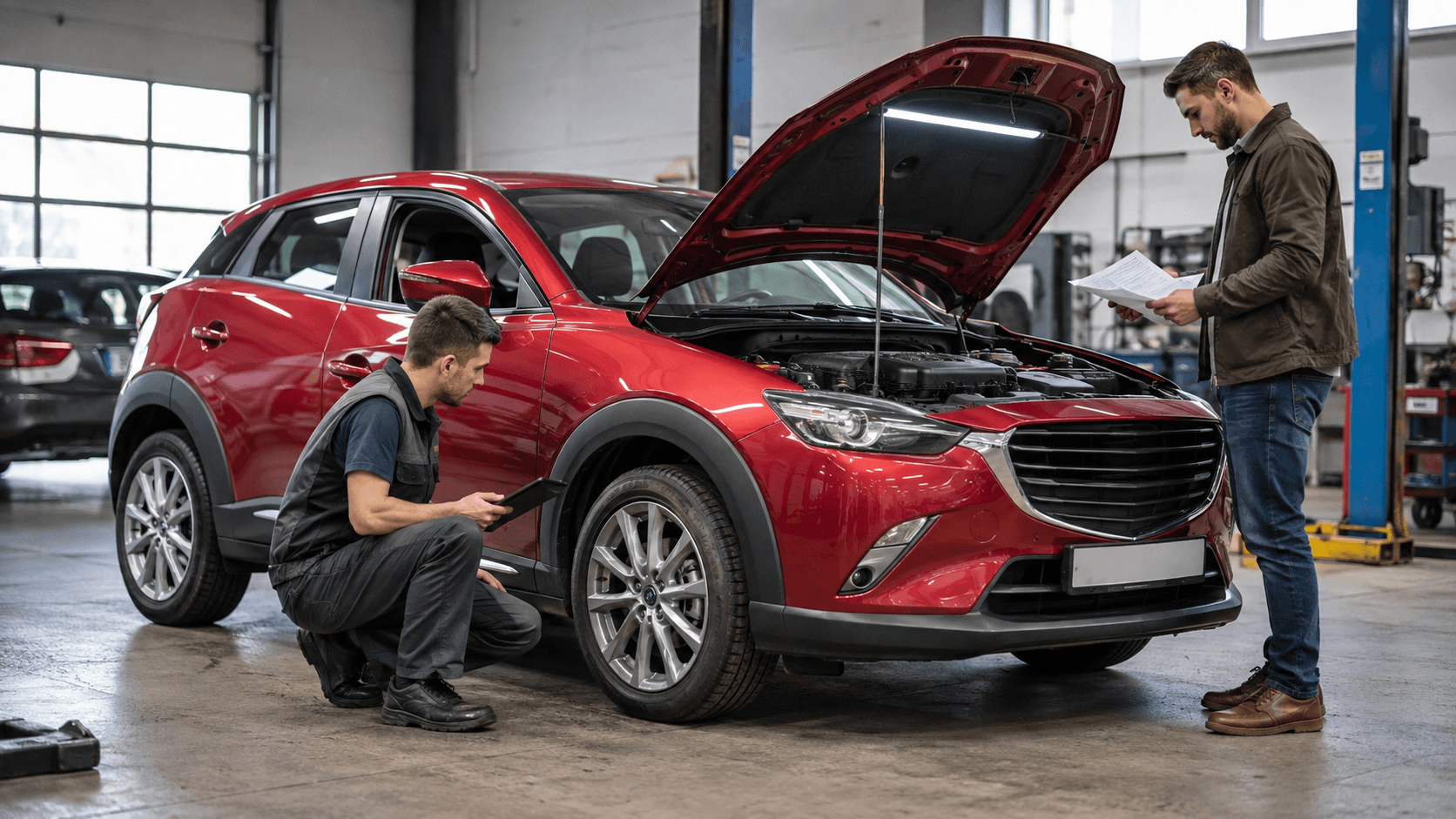 Used Mazda CX-3 being inspected in a workshop before purchase