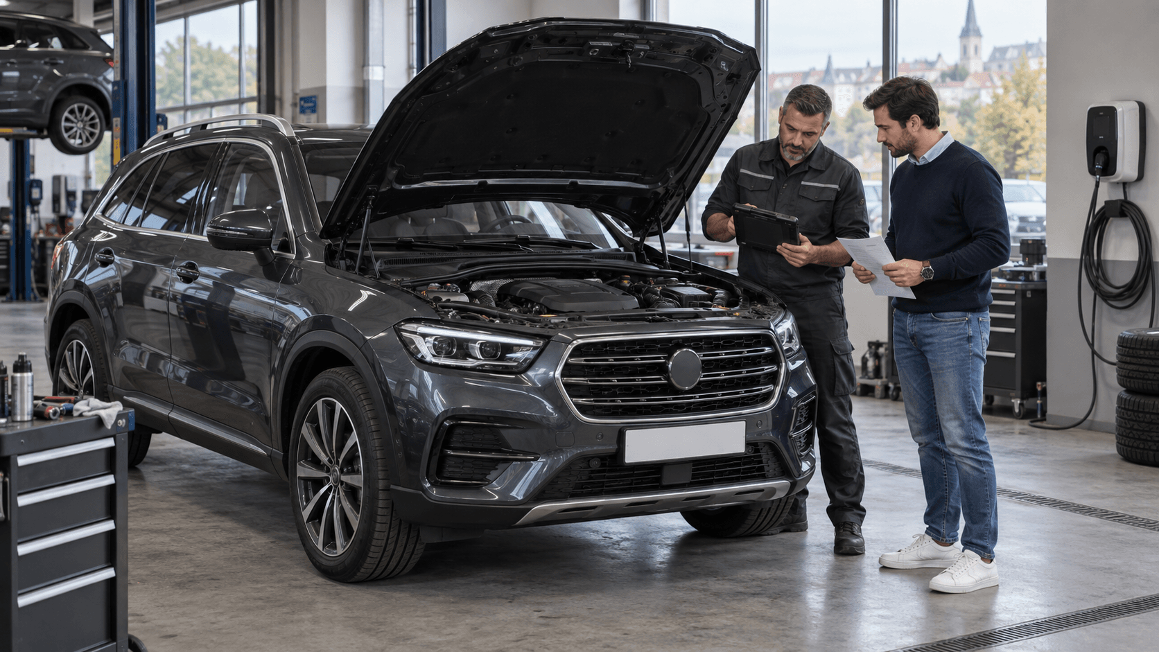 Used premium SUV inspected in a workshop before purchase