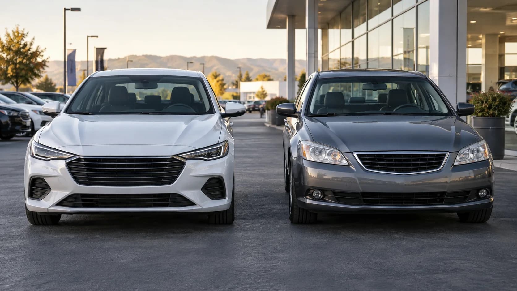 A new car and a young used car parked side-by-side in a dealership lot, illustrating the choice between them.