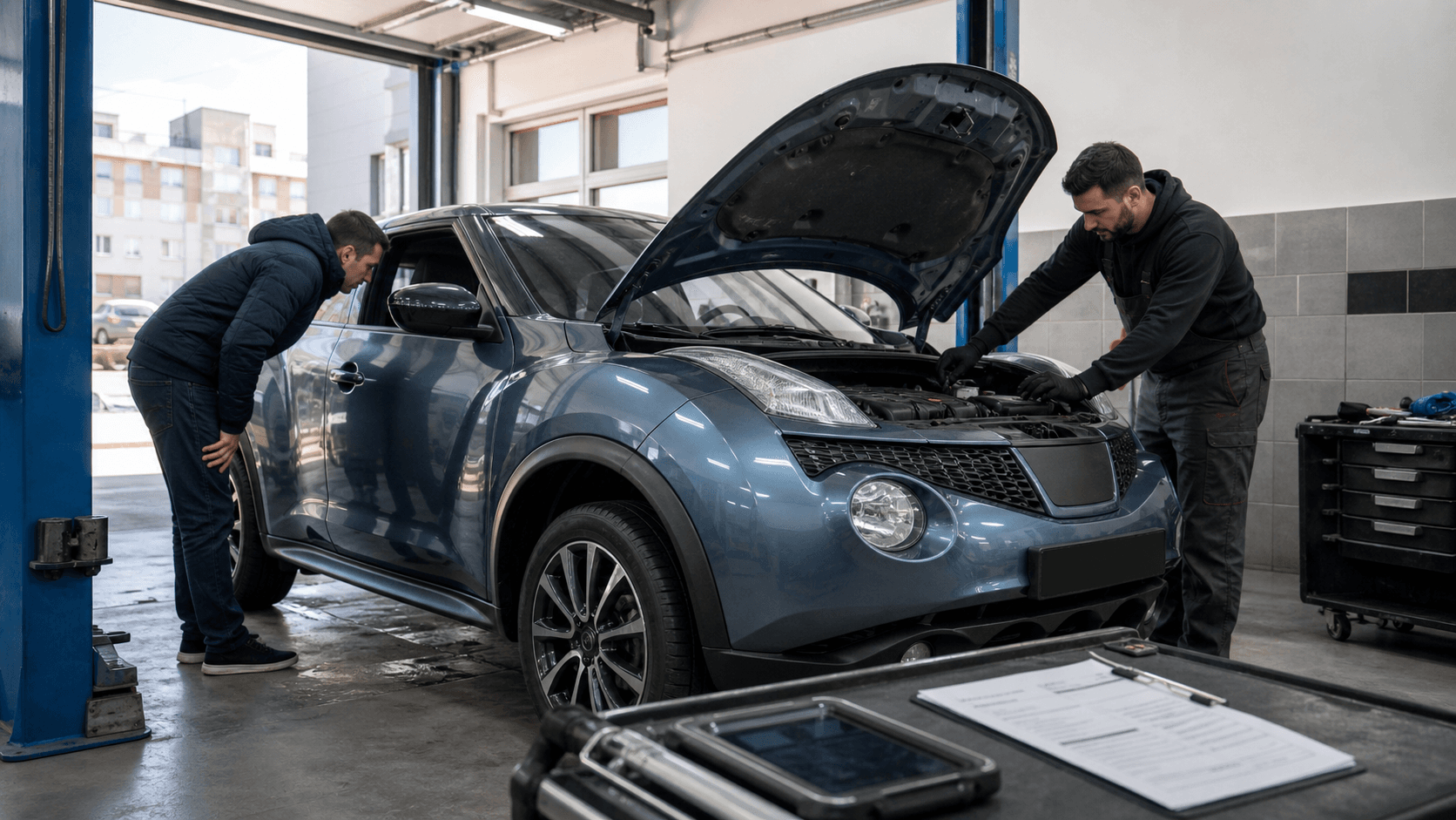 Used Nissan Juke inspected in a workshop before purchase