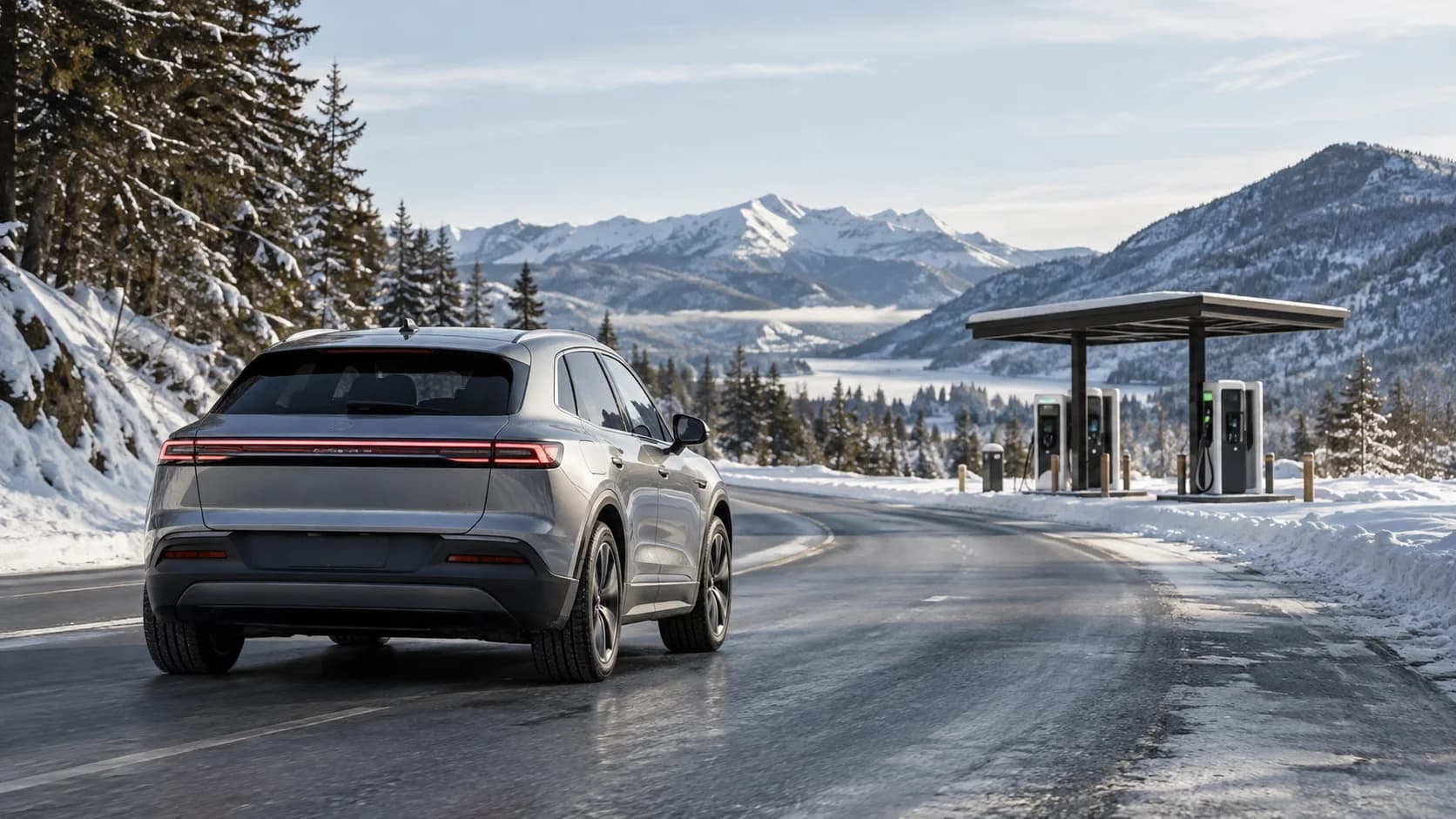 Auto elettrica parcheggiata in un paesaggio innevato con montagne sullo sfondo, pronta per un viaggio invernale.