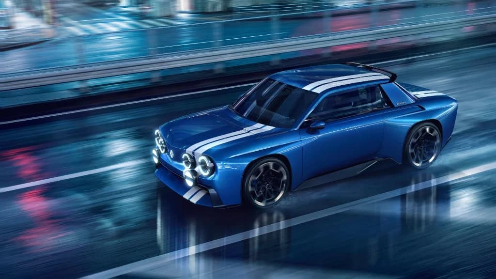 Renault 8 Gordini Concept azul metalizado con doble franja blanca y seis faros circulares