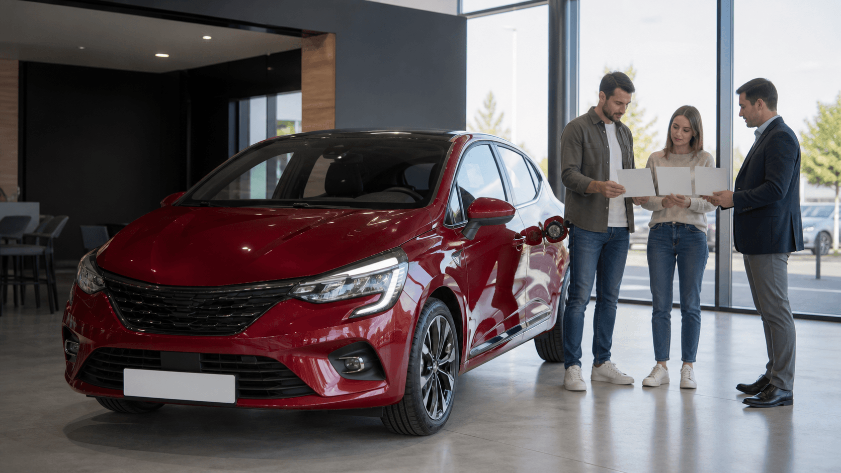 Automóvil compacto nuevo comparado en un concesionario