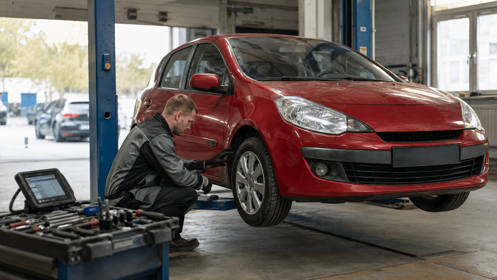 Used Renault Clio inspected in a workshop before purchase