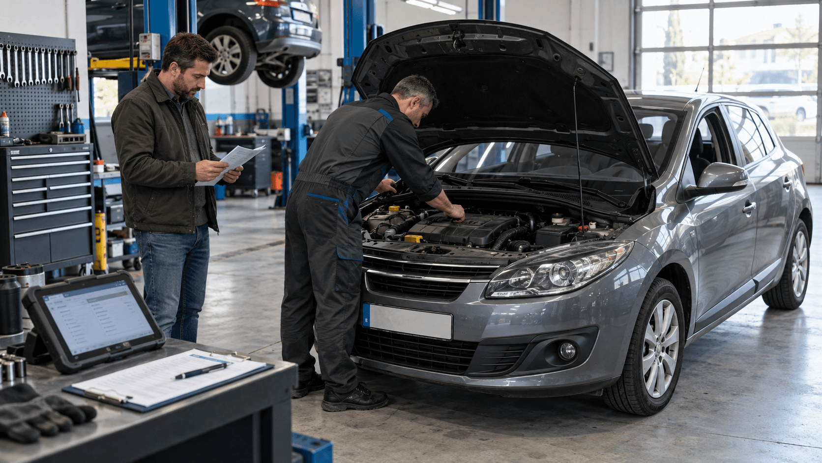 Used Renault Mégane inspected in a workshop before purchase