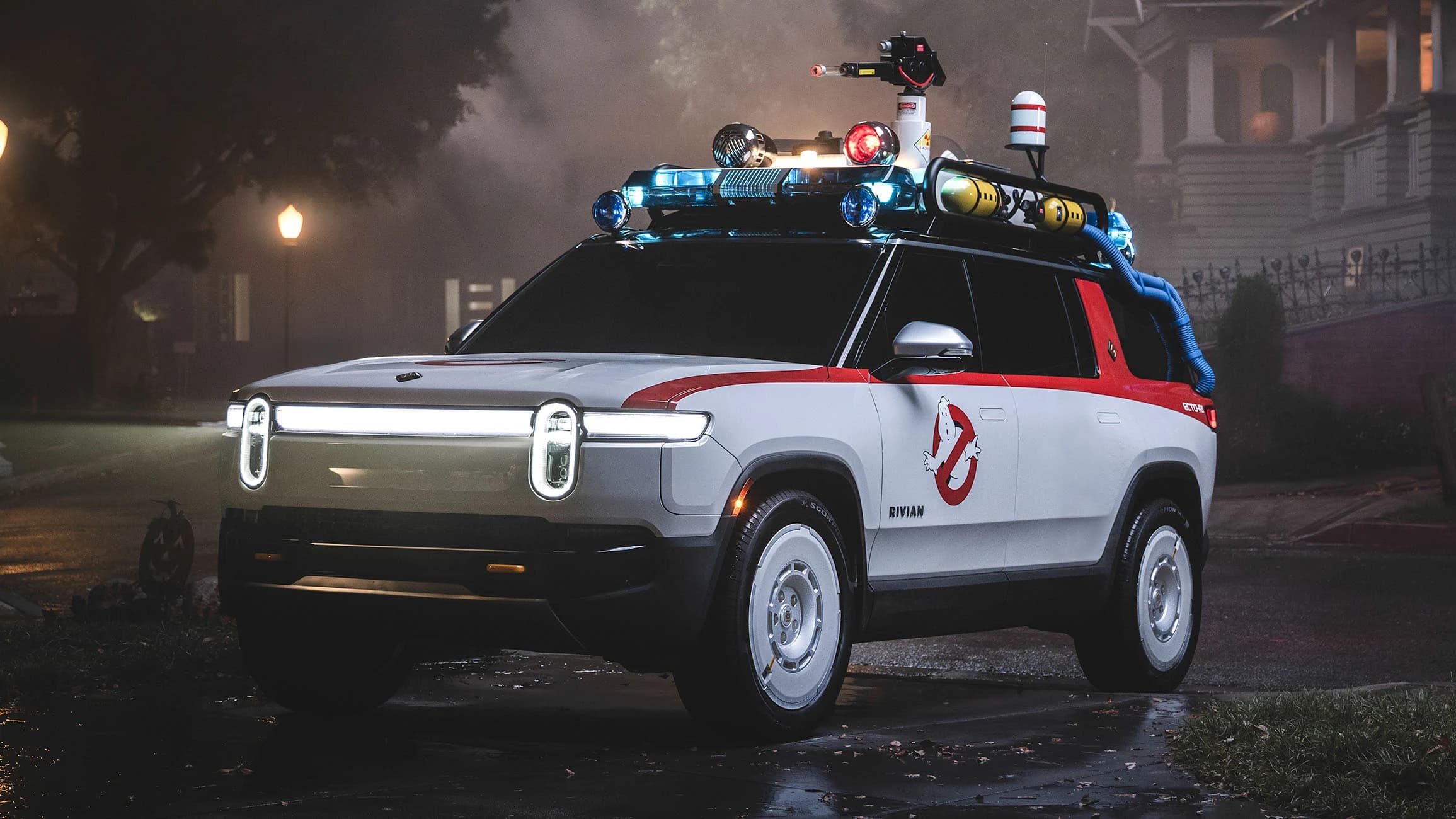 Rivian Ecto-R1, a white R1S electric SUV styled after the Ghostbusters Ecto-1