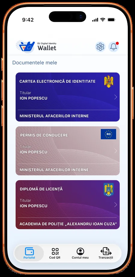Illustrazione ufficiale di RO Wallet con carta d'identità, patente e diploma sul telefono