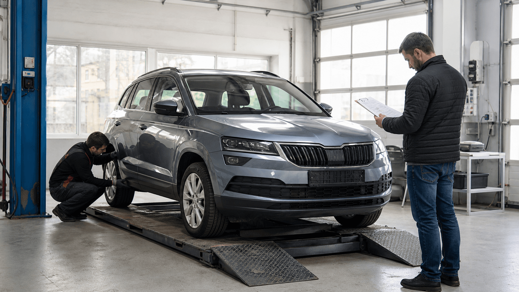 Skoda Karoq second-hand verificată într-un service înainte de cumpărare
